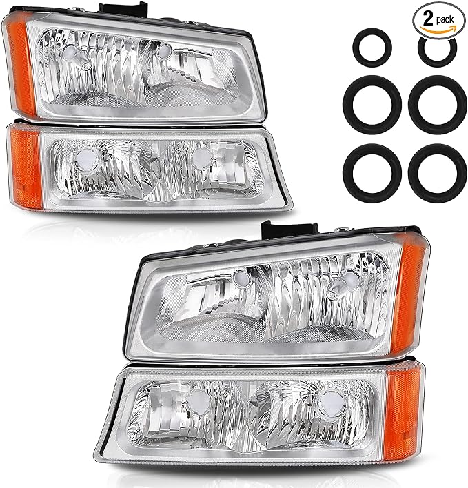 mostplus Headlight Assembly Fit For 03 - 06 Chevy Silverado / Avalanche 1500 1500HD 2500 2500HD 3500 / 07 Classic Pickup without Factory Cladding, Chrome Housing Amber Reflector