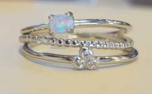 A New Day Silver with Cubic Zirconia and Opal 3 Band Ring Set - A New Day Size 8