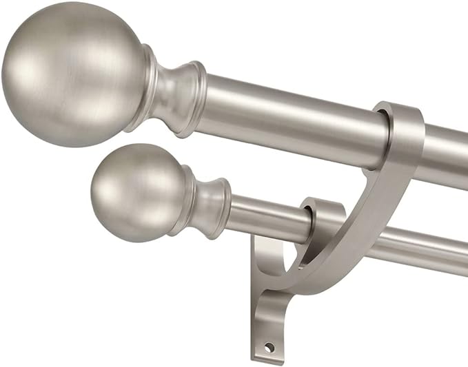 Double Curtain Rods Brushed Nickel, Double Rod Curtain for Window 28-48 Inches, Adjustable Double Drapery Rod with Round Finials, 1-Inch Front and 5/8 Inch Back Double Rod Curtain Rods