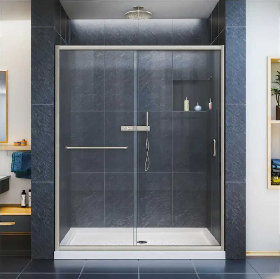 Infinity-Z 56 to 60 in. x 72 in. Sliding Semi-Frameless Shower Door in Brushed Nickel