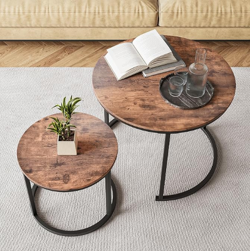 HOJINLINERO Industrial Round Coffee Table Set of 2 End Table for Living Room,Stacking Side Tables, Sturdy and Easy Assembly,Wood Look Accent Furniture with Metal Frame,Black+Rustic Brown