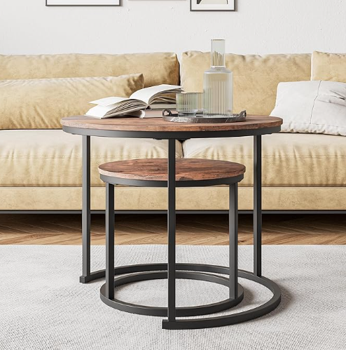 HOJINLINERO Industrial Round Coffee Table Set of 2 End Table for Living Room,Stacking Side Tables, Sturdy and Easy Assembly,Wood Look Accent Furniture with Metal Frame,Black+Rustic Brown