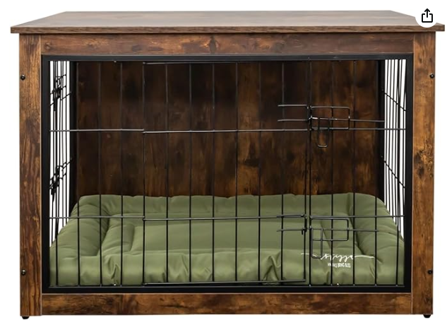 Ablissa Wooden Dog Crate with Waterproof Cushion, Modern Dog Crate Furniture Table, Indoor Dog Kennel with Double-Doors, Strong & Sturdy Dog House, Dog Cage for Small, Medium & Large Dogs