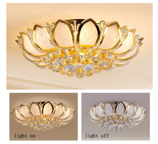 TFCFL Modern Luxury Crystal Chandelier, 23.5" Lotus Flush Mount LED Ceiling Lamp Pendant Lighting Fixture for Living Room Bedroom (Gold, Without Remote)