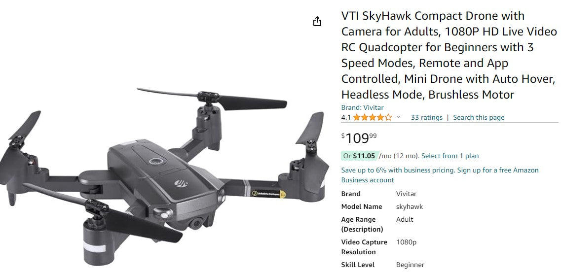 Vivitar DRC447 SkyHawk Foldable Video Drone 1080P HD Live Video Quadcopter