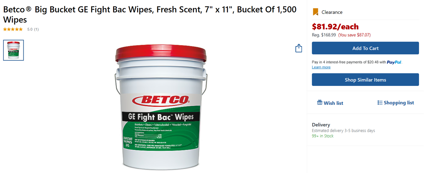 Betco GE Fight Bac Disinfectant Wipes - Wipe - 11" Width x 7" Length - 1500 / Bucket - 1 Each - White