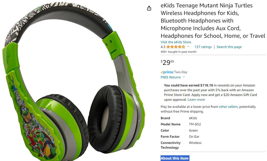 OPEN BOX eKids Teenage Mutant Ninja Turtles Wireless Headphones for Kids, Bluetooth Headphones with Microphone Includes Aux Cord, Headphones for School, Home, or Travel