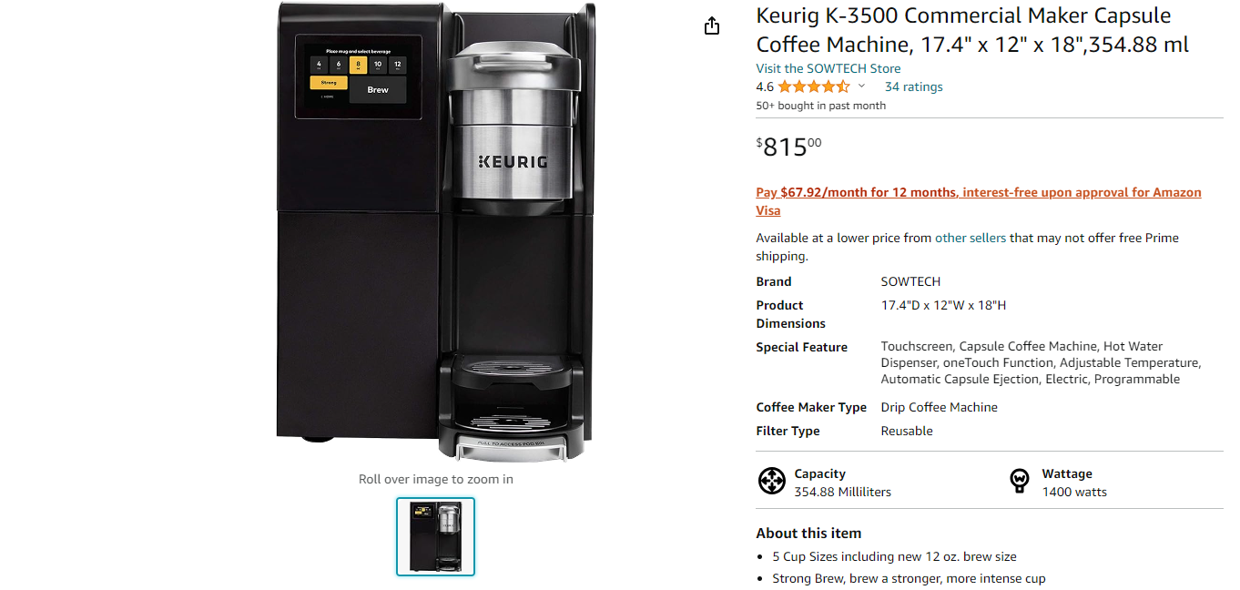 Keurig K-3500 Commercial Maker Capsule Coffee Machine, 17.4" x 12" x 18",354.88 ml