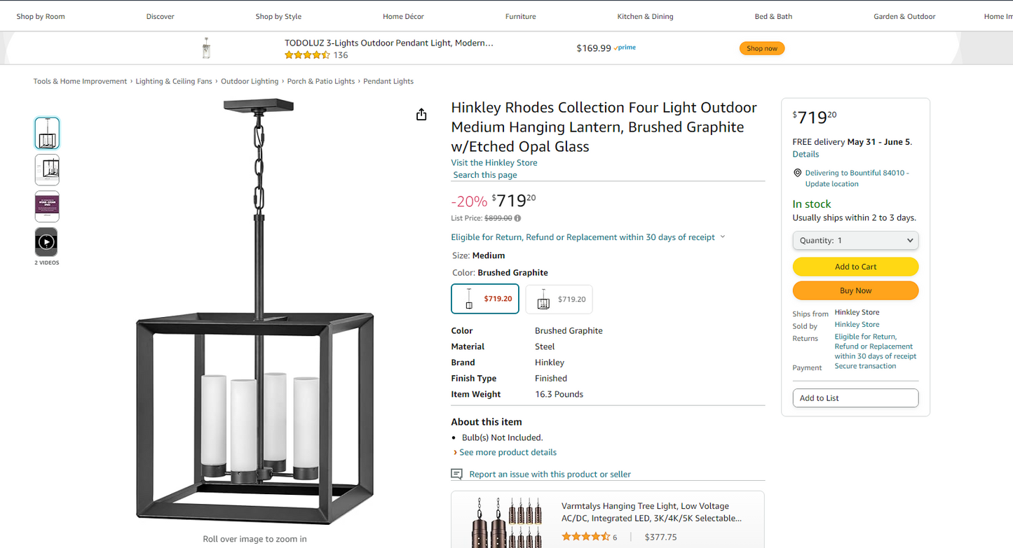 Hinkley Rhodes Collection Four Light Outdoor Medium Hanging Lantern, Brushed Graphite w/Etched Opal Glass