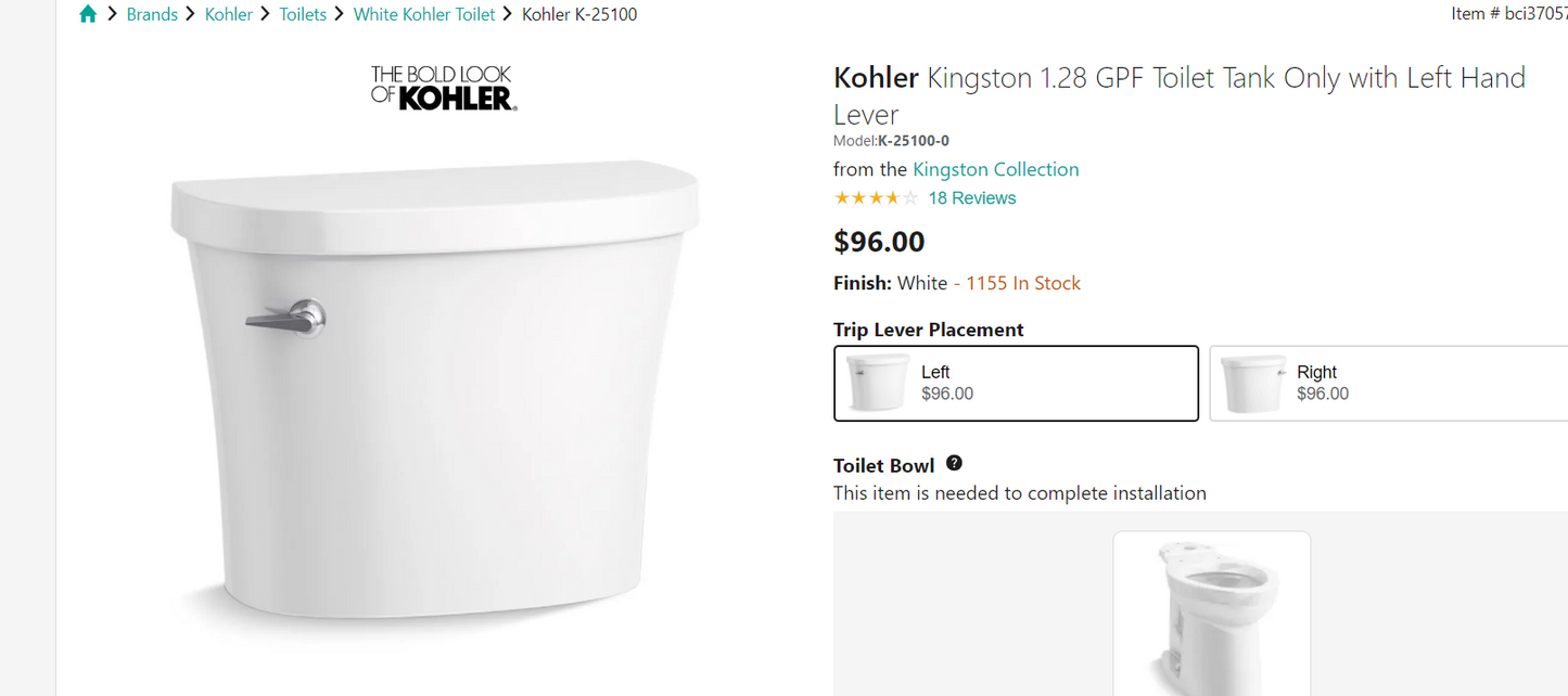 Kohler Kingston 1.28 GPF Toilet Tank Only - Left Hand Lever