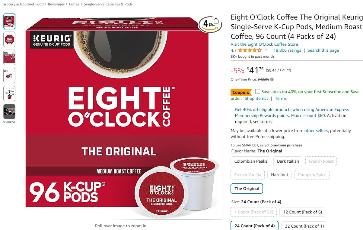 Eight O'Clock Coffee The Original Keurig Single-Serve K-Cup Pods, Medium Roast Coffee, 96 Count (4 Packs of 24)