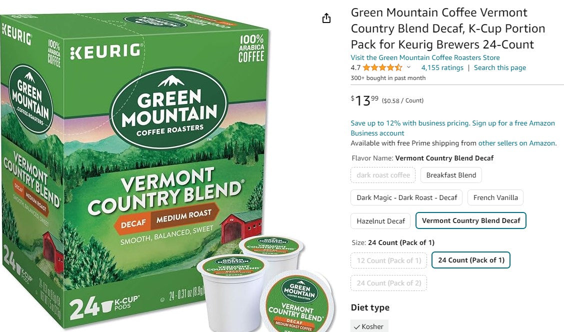 Green Mountain Coffee Vermont Country Blend Decaf, Medium Roast Coffee, 96 Count (4 Packs of 24)