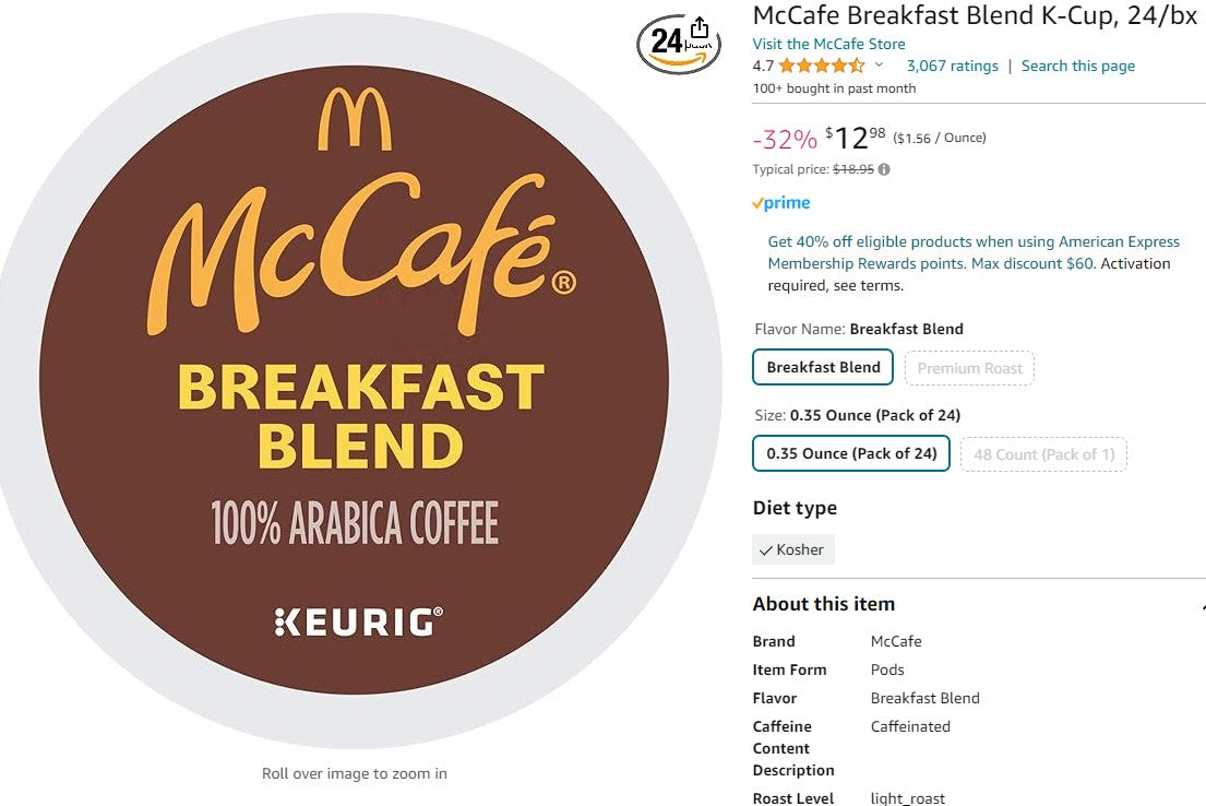 McCafe Breakfast Blend K-Cup, Light Roast Coffee, 96 Count (4 Packs of 24)