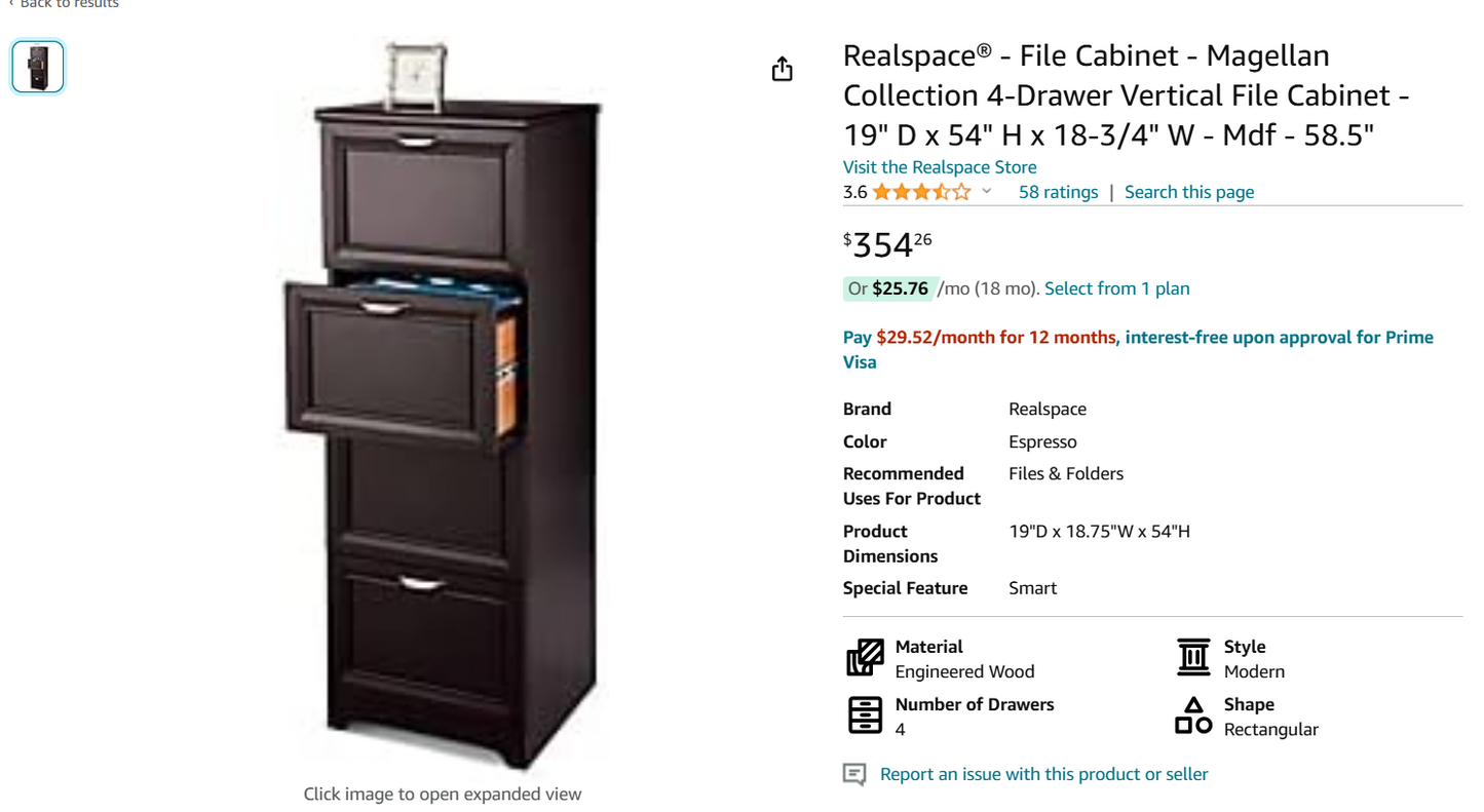 Realspace Magellan 19"D Vertical 4-Drawer File Cabinet, Espresso