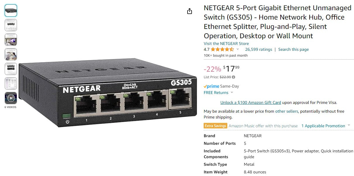 NETGEAR 5-Port Gigabit Ethernet Unmanaged Switch (GS305) - Home Network Hub, Office Ethernet Splitter, Plug-and-Play, Silent Operation, Desktop or Wall Mount