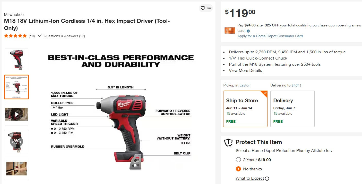 Milwaukee M18 18V Lithium-Ion Cordless 1/4 in. Hex Impact Driver Model # 2656-20(Tool-Only)