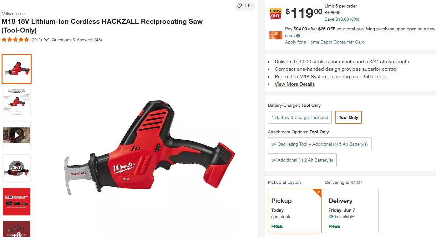 Milwaukee M18 18V Lithium-Ion Cordless HACKZALL Reciprocating Saw Model # 2625-20 (Tool-Only)