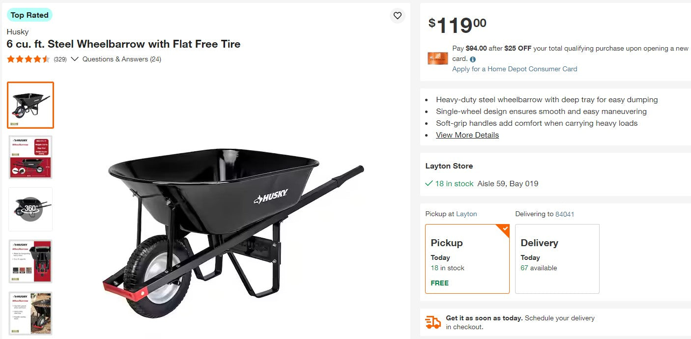 Husky 6 cu. ft. Steel Wheelbarrow with Flat Free Tire Model # HWB3016