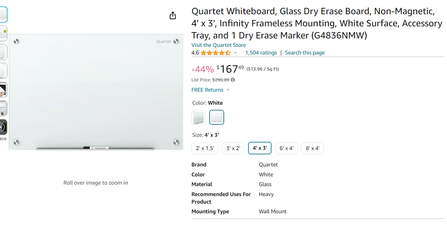 Quartet Whiteboard, Glass Dry Erase Board, Non-Magnetic, 4' x 3', Infinity Frameless Mounting, White Surface, Accessory Tray, and 1 Dry Erase Marker (G4836NMW)