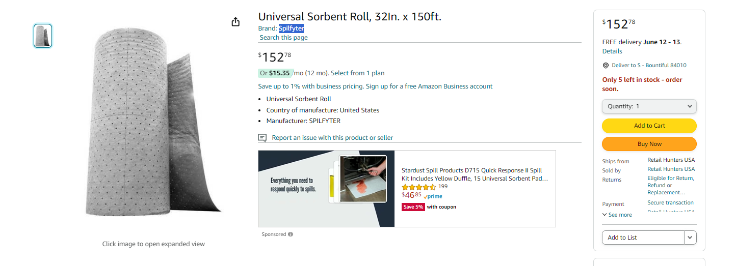 Spilfyter Universal Sorbent Roll, 32In. x 150ft.