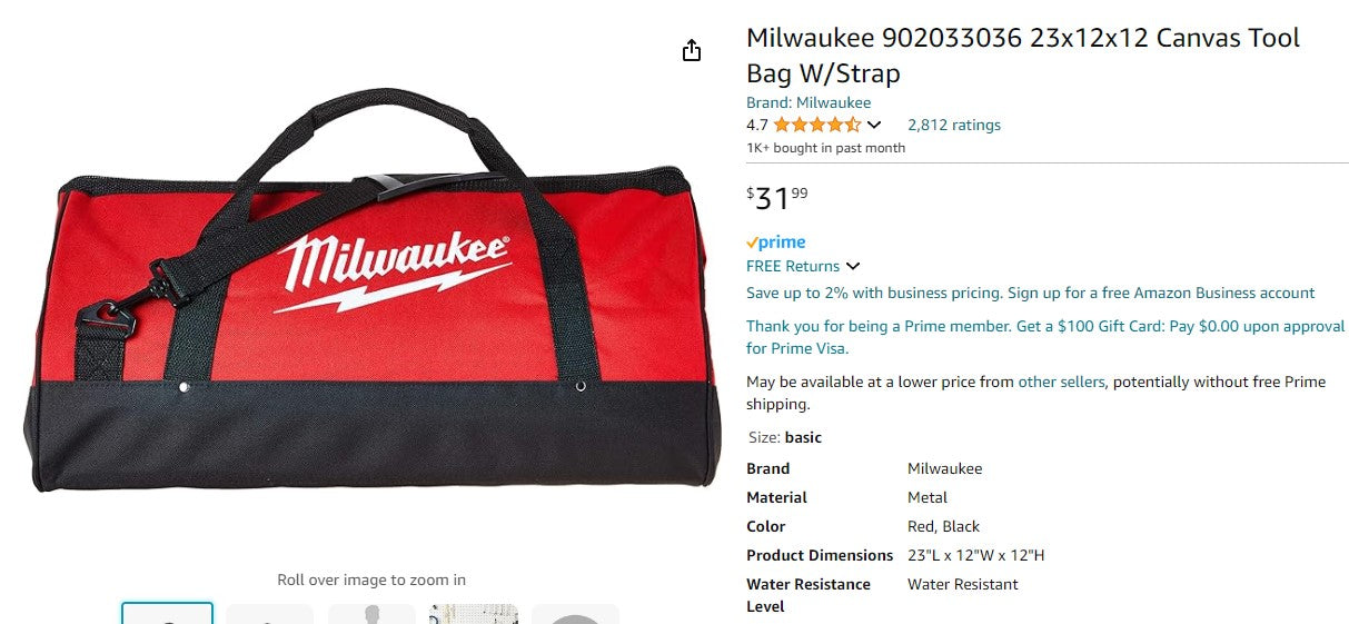 Milwaukee 902033036 23x12x12 Canvas Tool Bag W/Strap