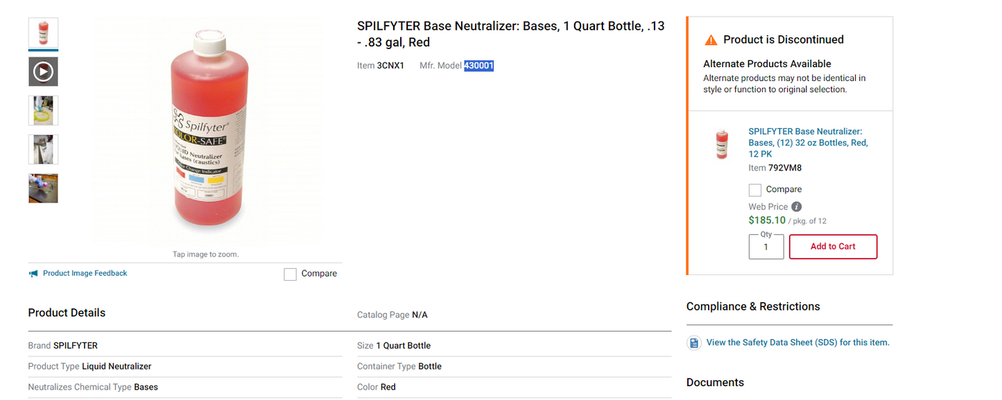 SPILFYTER Base Neutralizer: Bases, 1 Quart Bottle,