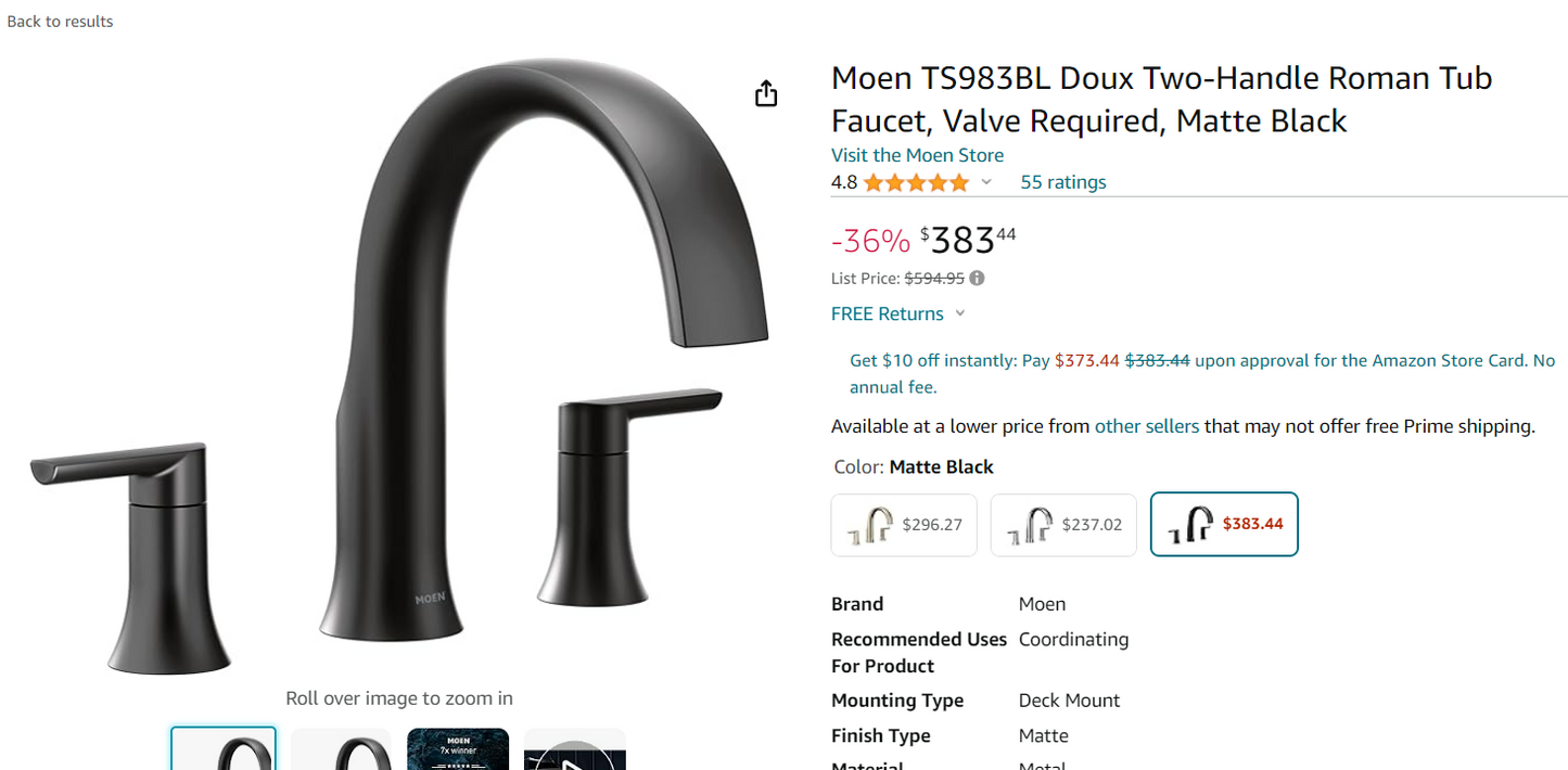 Moen TS983BL Doux Two-Handle Roman Tub Faucet, Valve Required, Matte Black (missing parts)