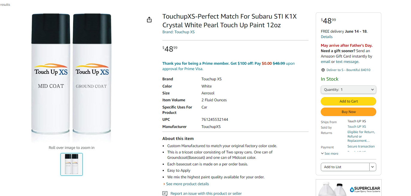 TouchupXS-Perfect Match For Subaru STI K1X Crystal White Pearl Touch Up Paint 12oz