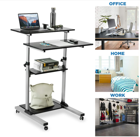 Mount-It! Rolling Desk Adjustable Height up to 54.7", Portable Standing Desk for Laptop or Podium Stand with Wheels, Mobile Roller Presentation Cart, Computer Work Station 27.5" Wide, Locking Wheels