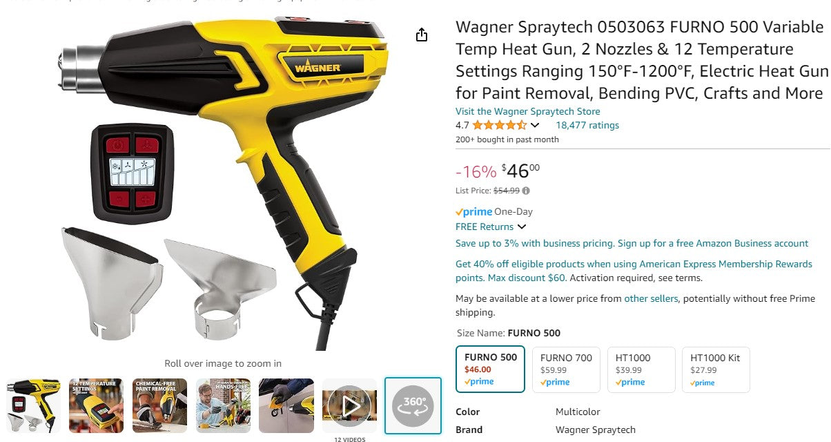 Wagner Spraytech 0503063 FURNO 500 Variable Temp Heat Gun, 2 Nozzles & 12 Temperature Settings Ranging 150°F-1200°F, Electric Heat Gun for Paint Removal, Bending PVC, Crafts and More