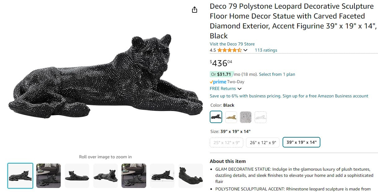 Deco 79 Polystone Leopard Decorative Sculpture Floor Home Decor Statue with Carved Faceted Diamond Exterior, Accent Figurine 39" x 19" x 14", Black