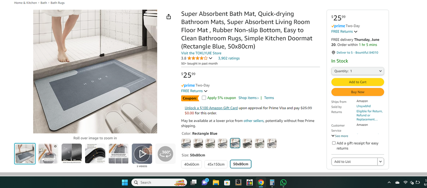 Super Absorbent Bath Mat, Quick-drying Bathroom Mats, Super Absorbent Living Room Floor Mat , Rubber Non-slip Bottom, Easy to Clean Bathroom Rugs, Simple Kitchen Doormat (Rectangle Blue, 50x80cm)