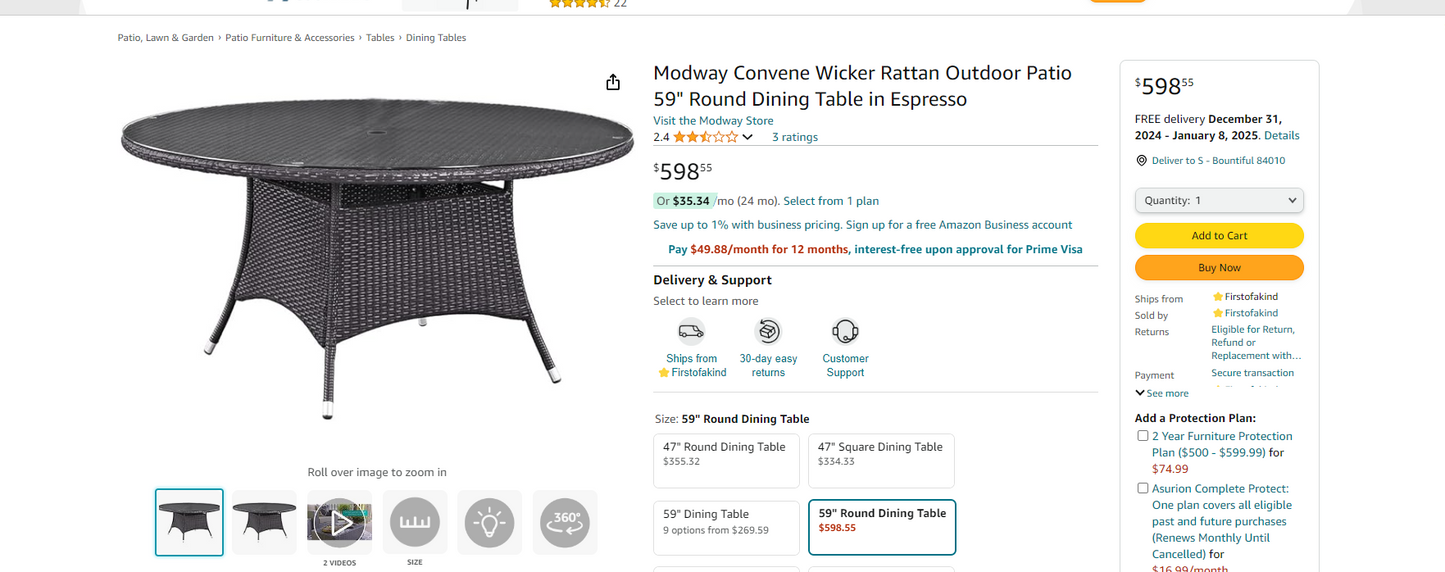 Modway Convene Wicker Rattan Outdoor Patio 59" Round Dining Table in Espresso ( damaged box )