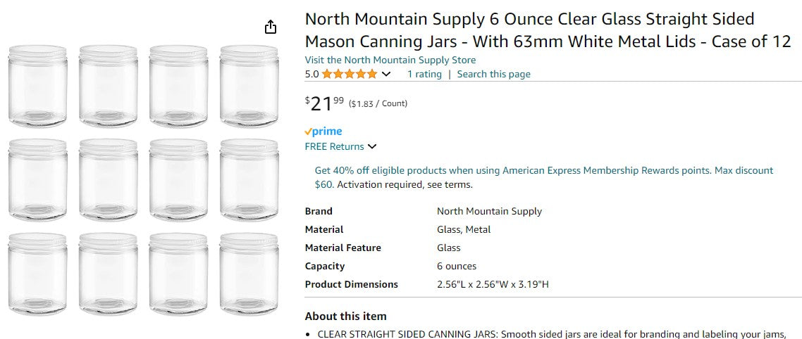 North Mountain Supply 6 Ounce Clear Glass Straight Sided Mason Canning Jars - With 63mm White Metal Lids - Case of 12