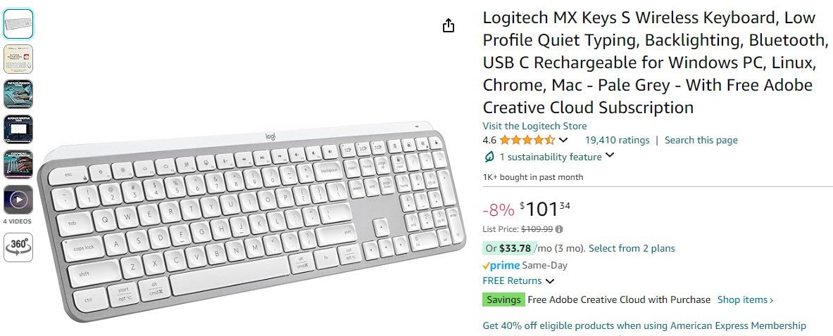 Logitech MX Keys S Wireless Keyboard, Low Profile Quiet Typing, Backlighting, Bluetooth, USB C Rechargeable for Windows PC, Linux, Chrome, Mac - Pale Grey - With Free Adobe Creative Cloud Subscription