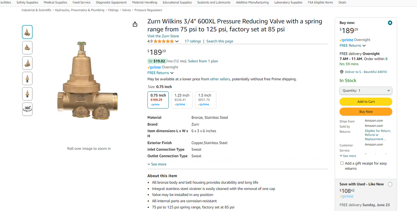 Zurn Wilkins 1" 600XL Pressure Reducing Valve with No Union Cap