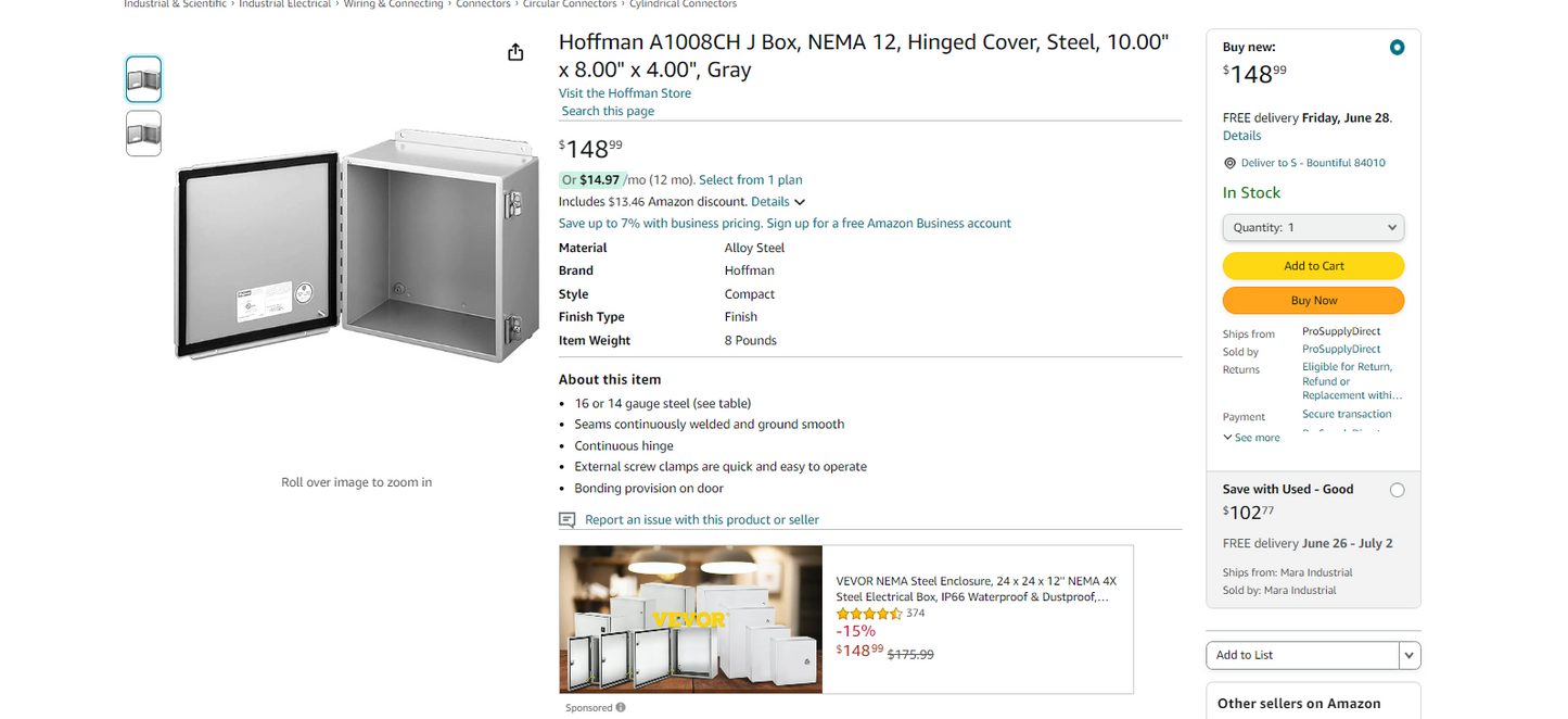 Hoffman A1008CH J Box, NEMA 12, Hinged Cover, Steel, 10.00" x 8.00" x 4.00", Gray