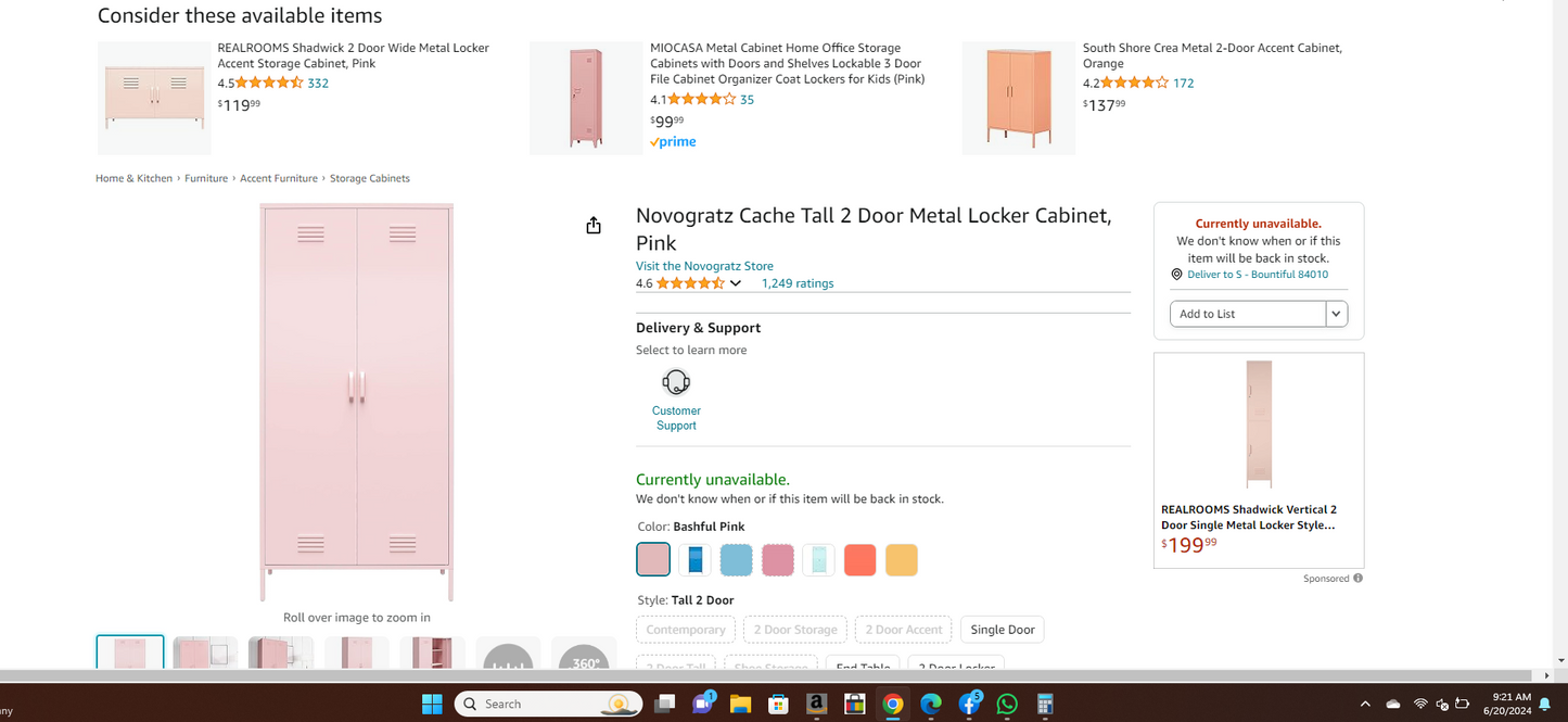 Novogratz Cache Tall 2 Door Metal Locker Cabinet, Pink