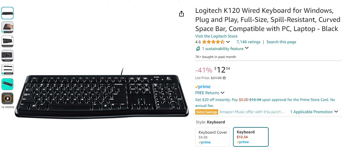 Logitech K120 Wired Keyboard for Windows, Plug and Play, Full-Size, Spill-Resistant, Curved Space Bar, Compatible with PC, Laptop - Black