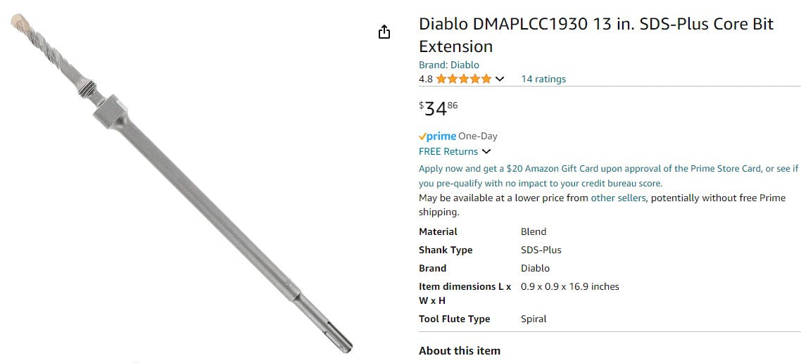 Diablo DMAPLCC1930 13 in. SDS-Plus Core Bit Extension