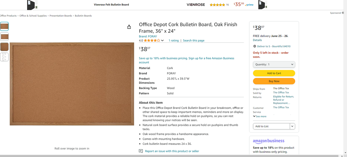 Office Depot Cork Bulletin Board, Oak Finish Frame, 36" x 24"