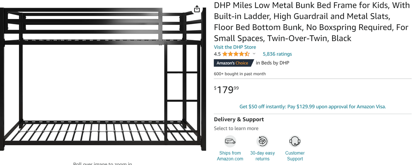 Dorel Low Metal Bunk Bed Frame for Kids, With Built-in Ladder, High Guardrail and Metal Slats, Floor Bed Bottom Bunk, No Boxspring Required, For Small Spaces, Twin-Over-Twin, Black