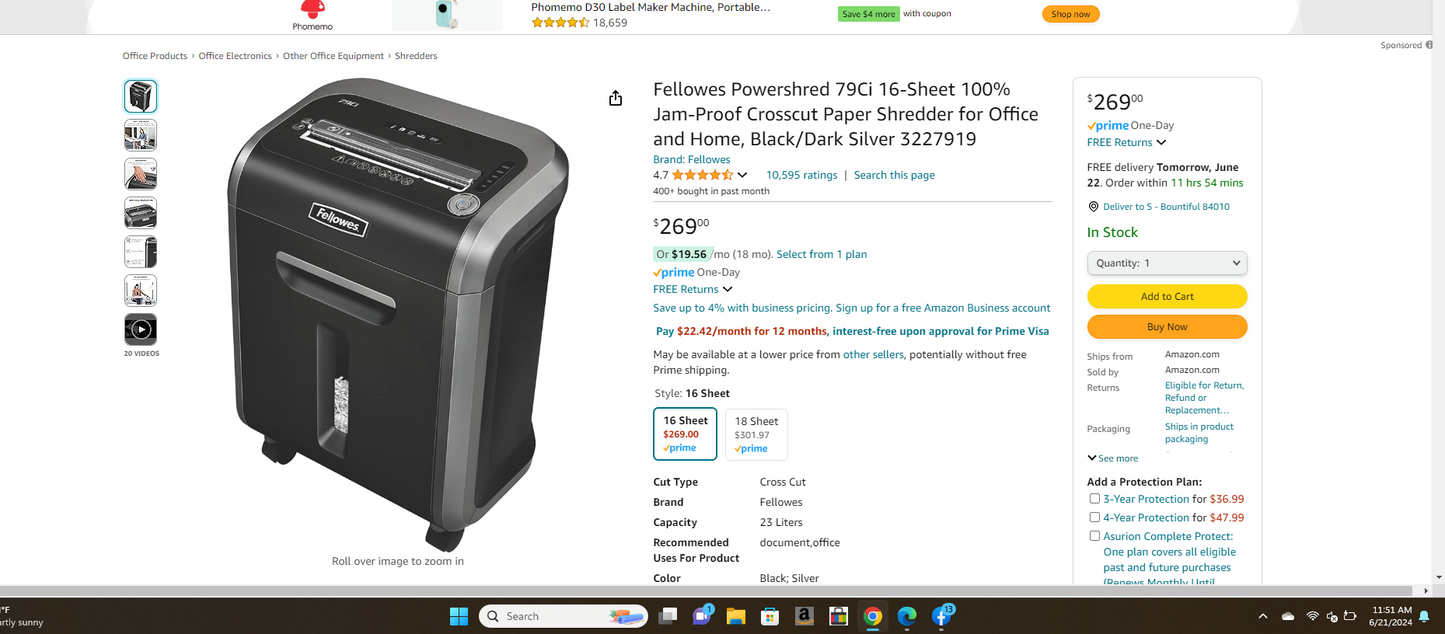 Fellowes ‎Powershred 79Ci 16-Sheet 100% Jam-Proof Crosscut Paper Shredder for Office and Home, Black/Dark Silver 3227919