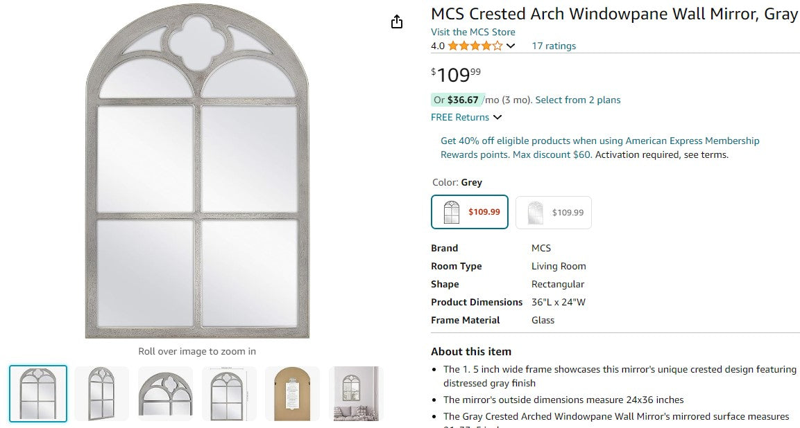 MCS Crested Arch Windowpane Wall Mirror, Gray