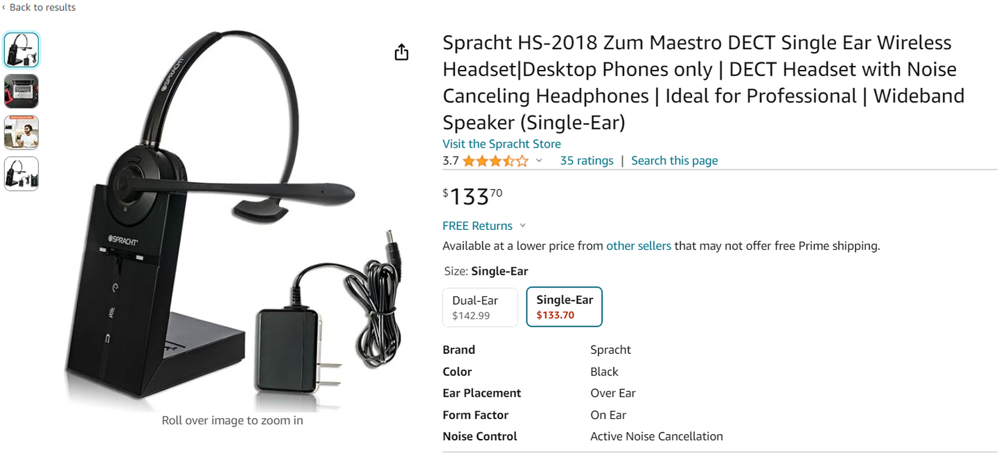 Spracht HS-2018 Zum Maestro DECT Single Ear Wireless Headset|Desktop Phones only | DECT Headset with Noise Canceling Headphones | Ideal for Professional | Wideband Speaker (Single-Ear)