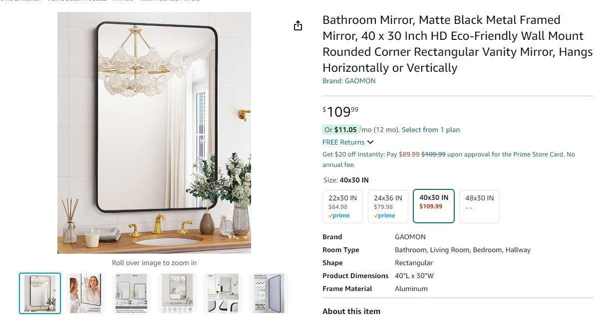 Bathroom Mirror, Matte Black Metal Framed Mirror, 40 x 30 Inch HD Eco-Friendly Wall Mount Rounded Corner Rectangular Vanity Mirror, Hangs Horizontally or Vertically