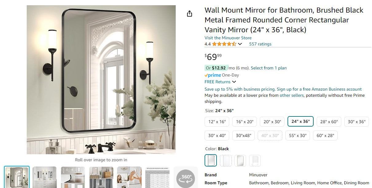 Wall Mount Mirror for Bathroom, Brushed Black Metal Framed Rounded Corner Rectangular Vanity Mirror (24" x 36", Black)