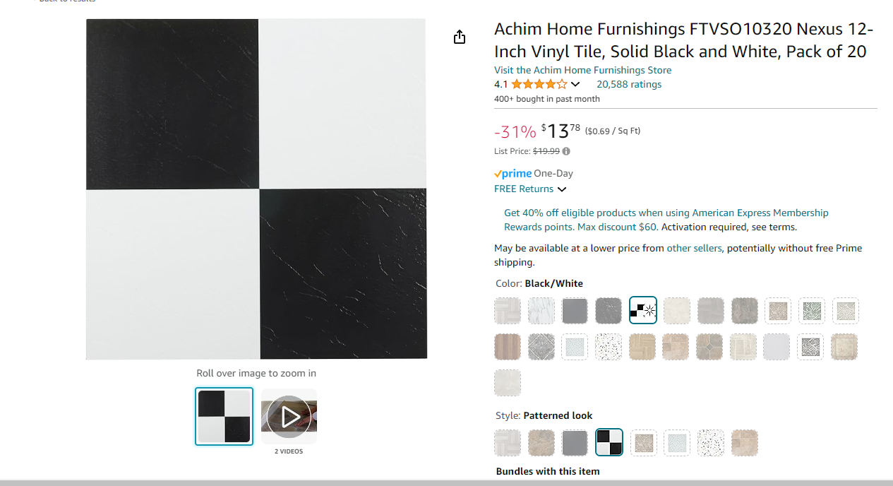 Achim Home Furnishings FTVSO10320 Nexus 12-Inch Vinyl Tile, Solid Black and White, Pack of 20