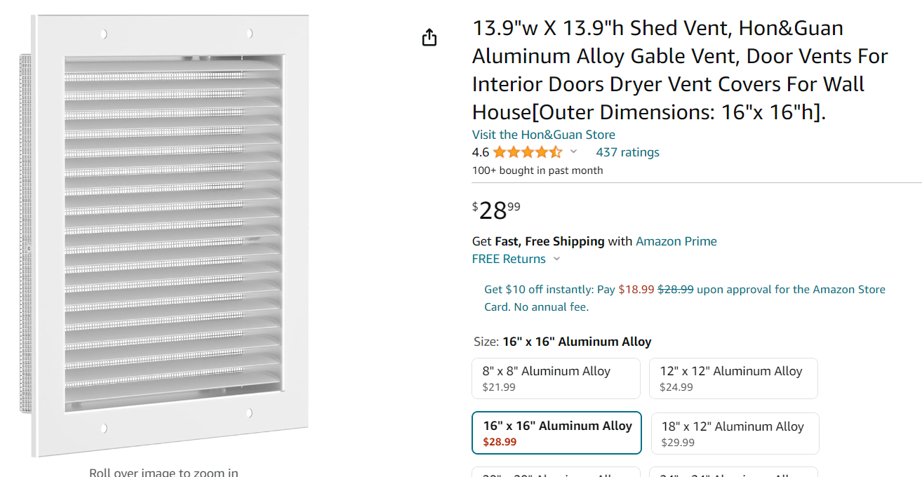 13.9"w X 13.9"h Shed Vent, Hon&Guan Aluminum Alloy Gable Vent, Door Vents For Interior Doors Dryer Vent Covers For Wall House[Outer Dimensions: 16"x 16"h].