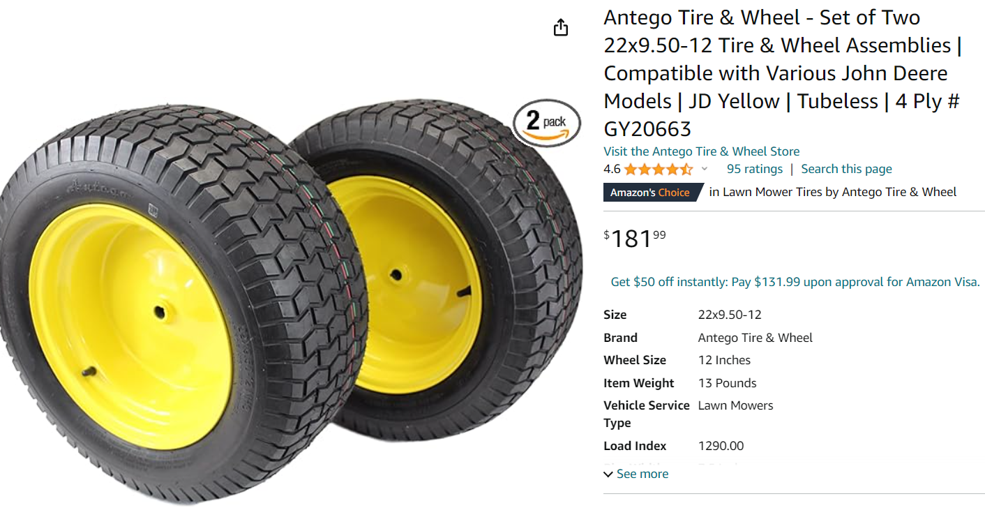 John Deere Tire & Wheel - Set of Two 22x9.50-12 Tire & Wheel Assemblies | Compatible with Various John Deere Models | JD Yellow | Tubeless | 4 Ply # GY20663